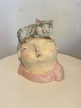 Funny Gray Kitty Cat Sitting on Woman's Head Resin Sculpture Figurine Whimsical